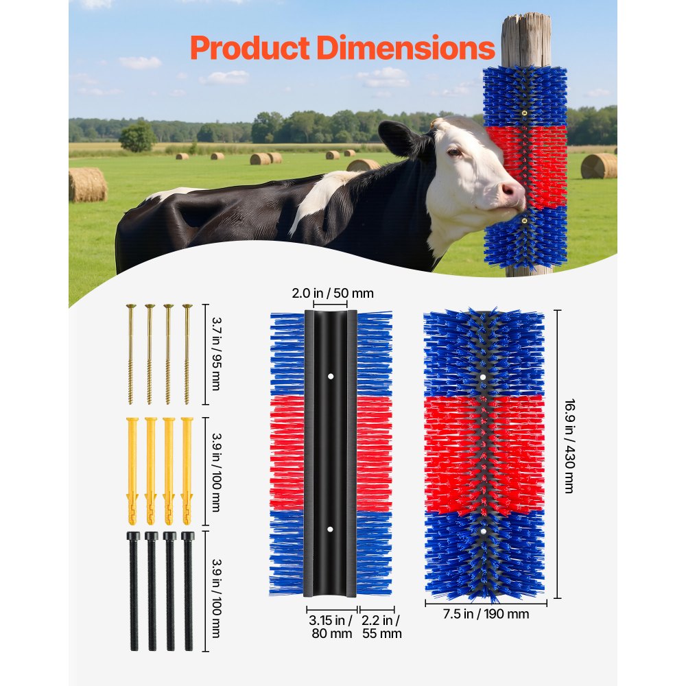 VEVOR Livestock Scratching Brush, 2PCS Goat Scratcher Brush Post with 8 Screws, 16.9" x 7.5" Cow Scratcher for Back Itch Relief, Massage Grooming Scratch Tool for Horse Cattle Sheep Pig, Blue & Red