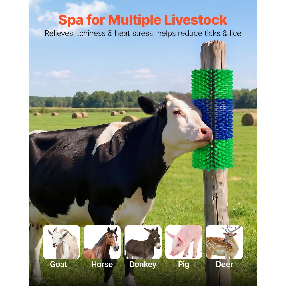 VEVOR Livestock Scratching Brush, 1PC Goat Scratcher Brush Post with 4 Screws, 16.9" x 7.5" Cow Scratcher for Back Itch Relief, Massage Grooming Scratch Tool for Horse Cattle Sheep Pig, Green & Blue