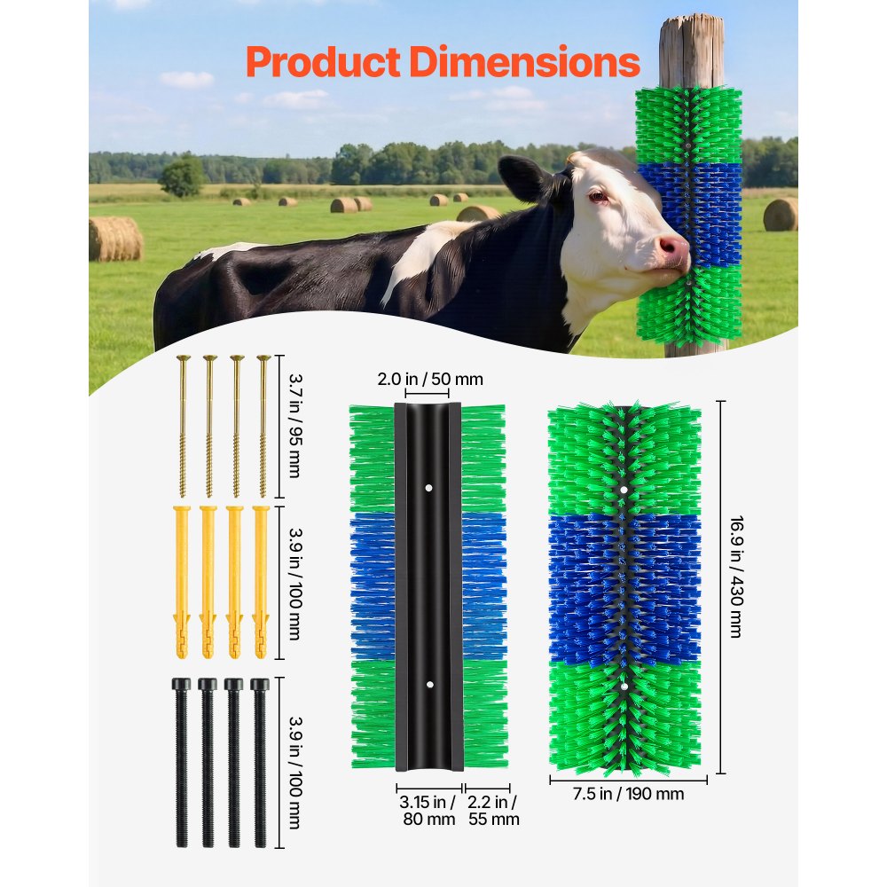 VEVOR Livestock Scratching Brush, 2PCS Goat Scratcher Brush Post with 8 Screws, 16.9" x 7.5" Cow Scratcher for Back Itch Relief, Massage Grooming Scratch Tool for Horse Cattle Sheep Pig, Green & Blue