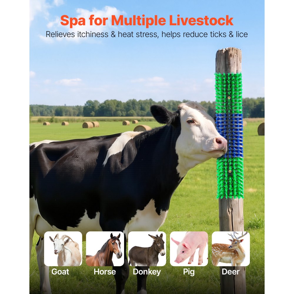 VEVOR Livestock Scratching Brush, 4PCS Goat Scratcher Brush Post with 16 Screws, 16.9" x 3.9" Cow Scratcher for Back Itch Relief, Massage Grooming Scratch Tool for Horse Cattle Sheep Pig, Green & Blue