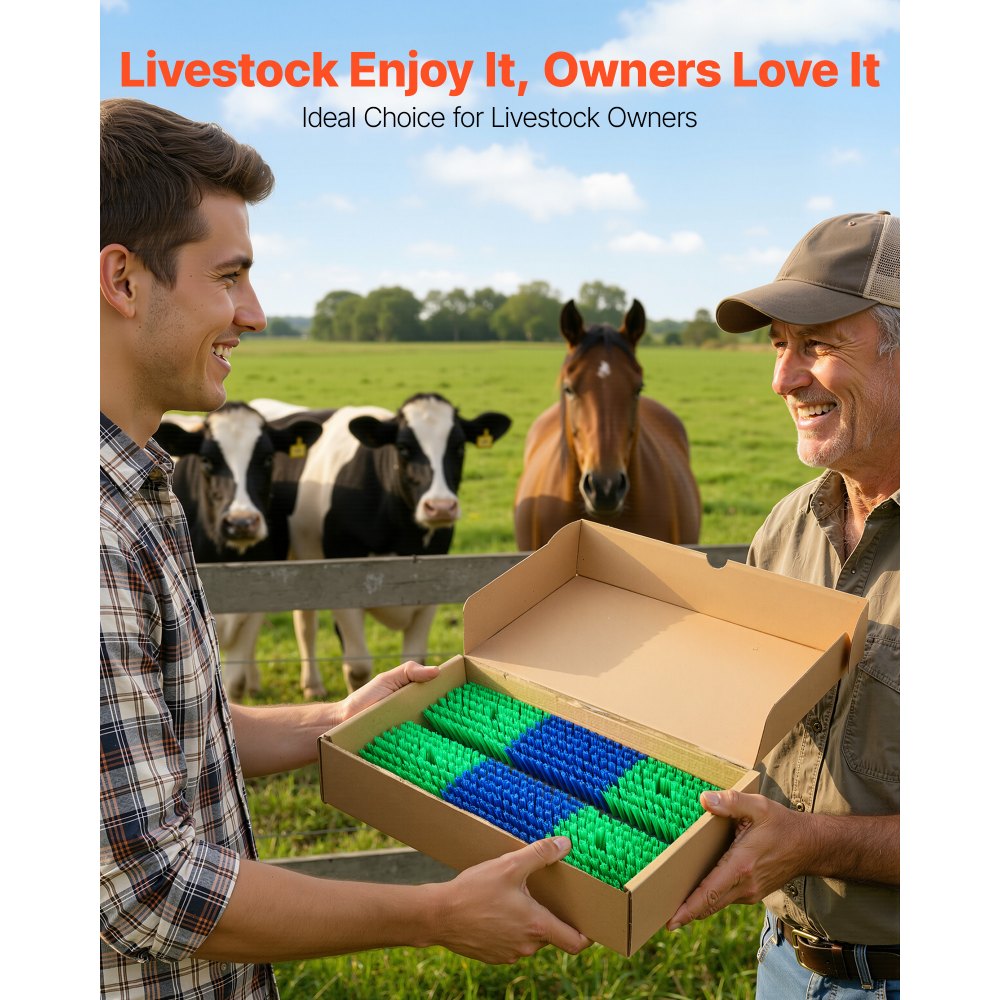 VEVOR Livestock Scratching Brush, 4PCS Goat Scratcher Brush Post with 16 Screws, 16.9" x 3.9" Cow Scratcher for Back Itch Relief, Massage Grooming Scratch Tool for Horse Cattle Sheep Pig, Green & Blue