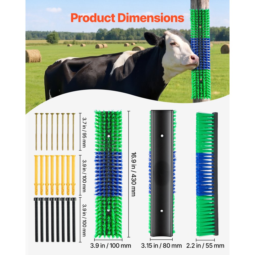 VEVOR Livestock Scratching Brush, 4PCS Goat Scratcher Brush Post with 16 Screws, 16.9" x 3.9" Cow Scratcher for Back Itch Relief, Massage Grooming Scratch Tool for Horse Cattle Sheep Pig, Green & Blue