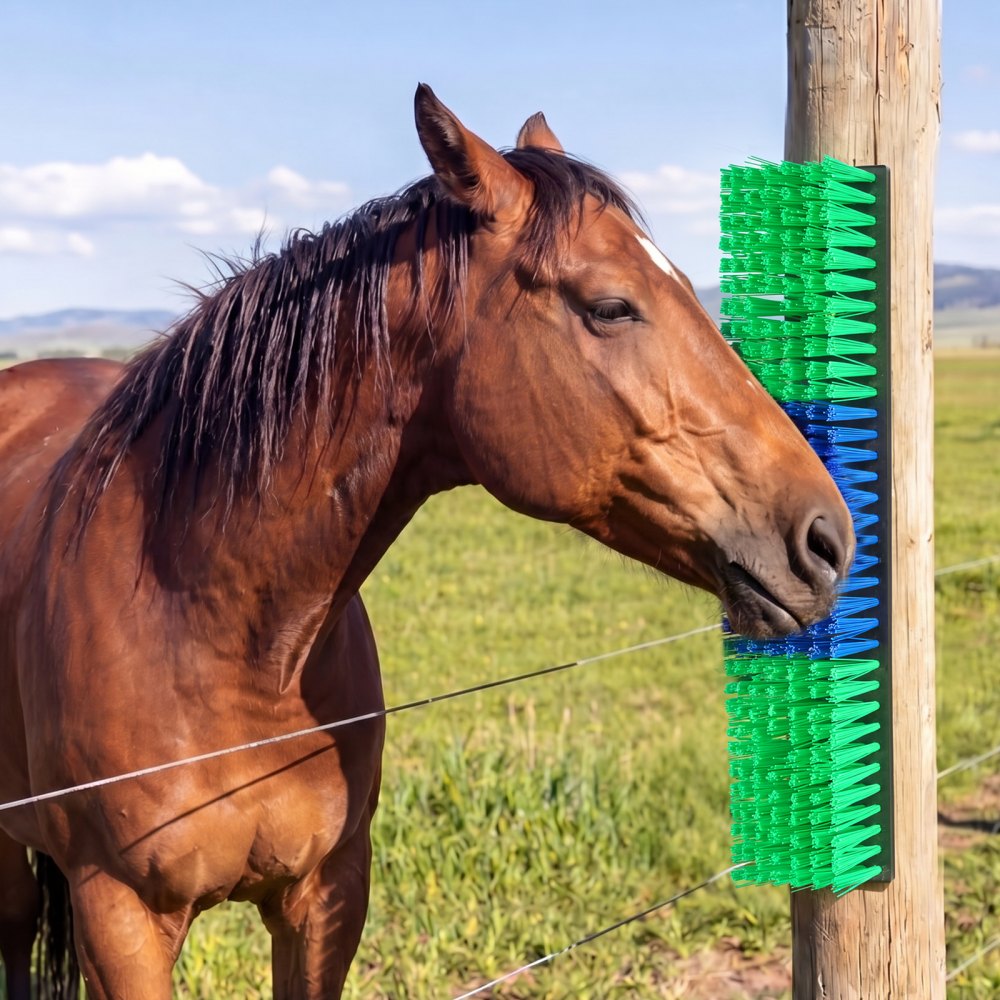 VEVOR Livestock Scratching Brush, 4PCS Goat Scratcher Brush Post with 16 Screws, 16.9" x 3.9" Cow Scratcher for Back Itch Relief, Massage Grooming Scratch Tool for Horse Cattle Sheep Pig, Green & Blue