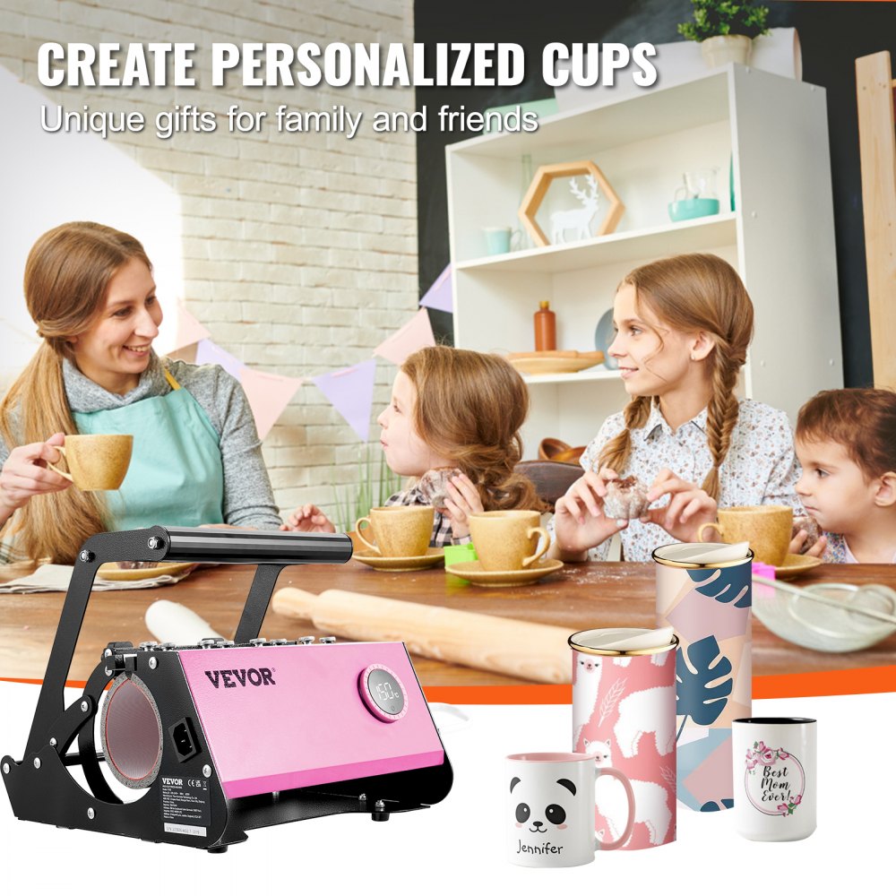 VEVOR Mug Heat Press, 11-30oz Tumbler Heat Press Machine, Sublimation Transfer Straight Skinny Tumblers, Cup Heat Press with Heat-resist Gloves & Tape, DIY Ceramic Mugs Cups Glasses, As Gift, Pink
