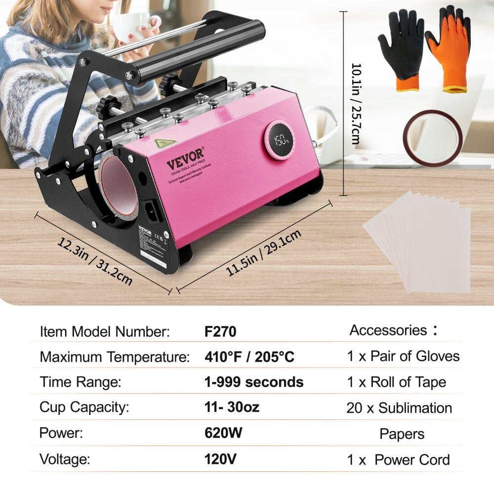 VEVOR Mug Heat Press, 11-30oz Tumbler Heat Press Machine, Sublimation Transfer Straight Skinny Tumblers, Cup Heat Press with Heat-resist Gloves & Tape, DIY Ceramic Mugs Cups Glasses, As Gift, Pink