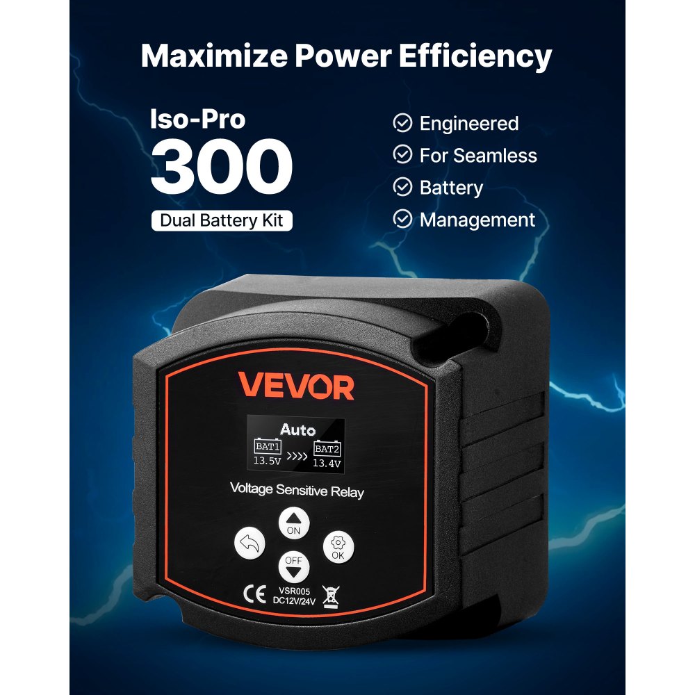 VEVOR Dual Battery Isolator, 12V 300 Amp, Manual and Automatic VSR Voltage Sensitive Relay with LCD Screen, Smart Battery Isolator for Lithium & Lead-Acid Batteries, for Car Truck RV UTV ATV Boat