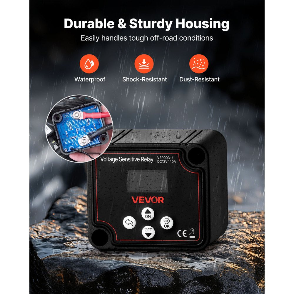 VEVOR Dual Battery Isolator Kit, 12V 140 Amp 20 ft 6AWG, Manual and Automatic VSR Voltage Sensitive Relay with Voltmeter, LCD Screen, Smart Battery Isolator, Compatible with Lithium Batteries, for UTV