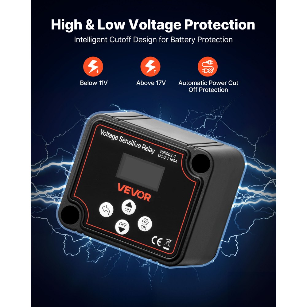 VEVOR Dual Battery Isolator Kit, 12V 140 Amp 20 ft 6AWG, Manual and Automatic VSR Voltage Sensitive Relay with Voltmeter, LCD Screen, Smart Battery Isolator, Compatible with Lithium Batteries, for UTV