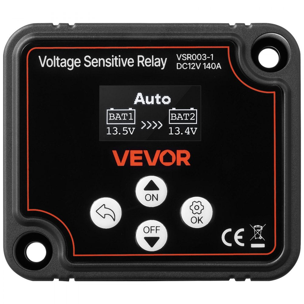 VEVOR Dual Battery Isolator Kit, 12V 140 Amp 20 ft 6AWG, Manual and Automatic VSR Voltage Sensitive Relay with Voltmeter, LCD Screen, Smart Battery Isolator, Compatible with Lithium Batteries, for UTV