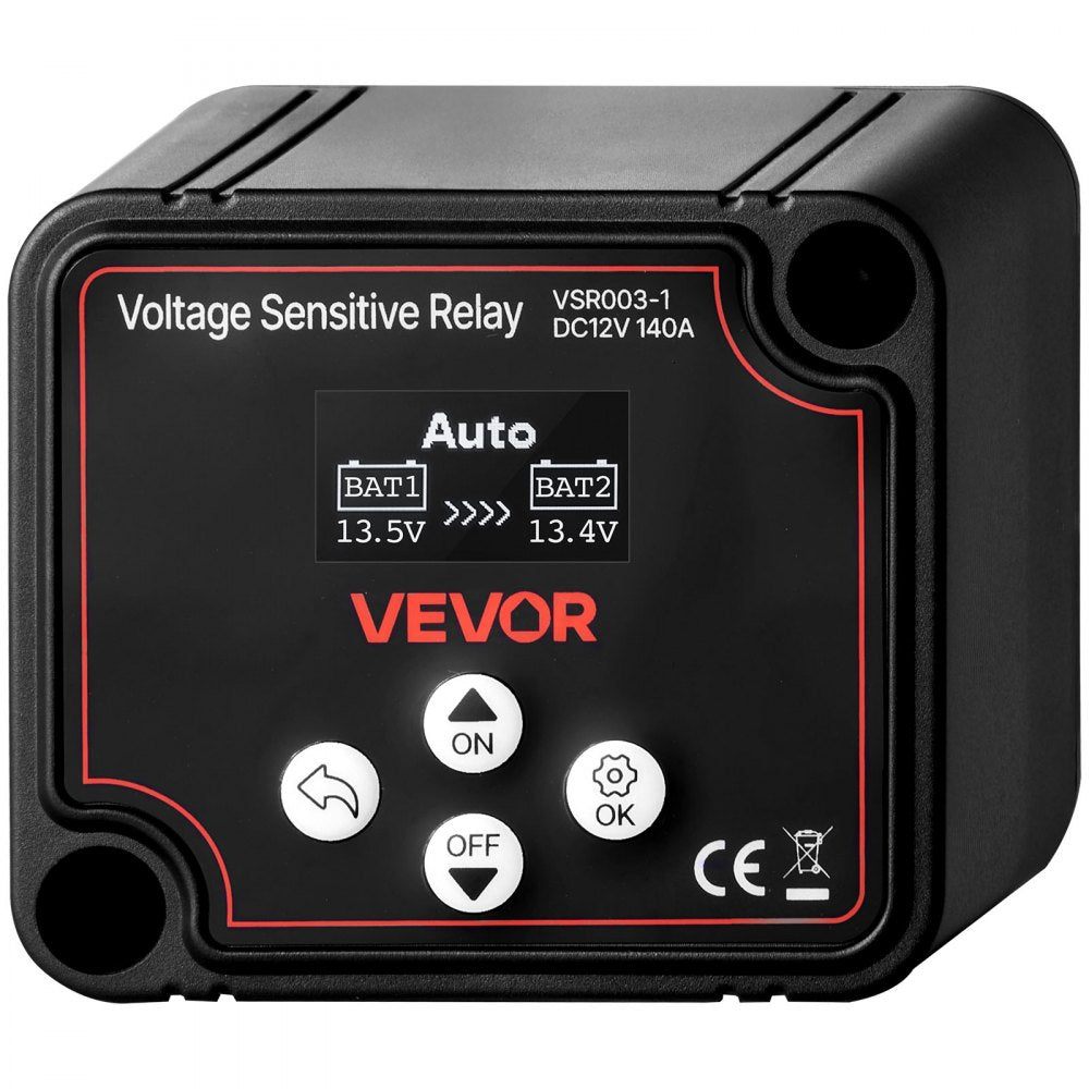 VEVOR Dual Battery Isolator Kit, 12V 140 Amp 20 ft 6AWG, Manual and Automatic VSR Voltage Sensitive Relay with Voltmeter, LCD Screen, Smart Battery Isolator, Compatible with Lithium Batteries, for UTV