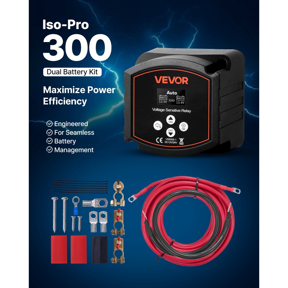 VEVOR Dual Battery Isolator Kit, 12V 300 Amp 20 ft 2AWG, Manual and Automatic VSR Voltage Sensitive Relay with Voltmeter, LCD Screen, Smart Battery Isolator, Compatible with Lithium Batteries, for UTV