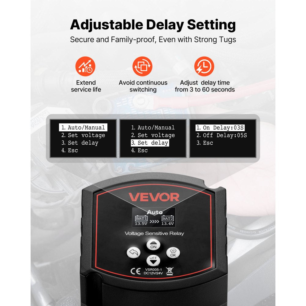 VEVOR Dual Battery Isolator Kit, 12V 300 Amp 20 ft 2AWG, Manual and Automatic VSR Voltage Sensitive Relay with Voltmeter, LCD Screen, Smart Battery Isolator, Compatible with Lithium Batteries, for UTV
