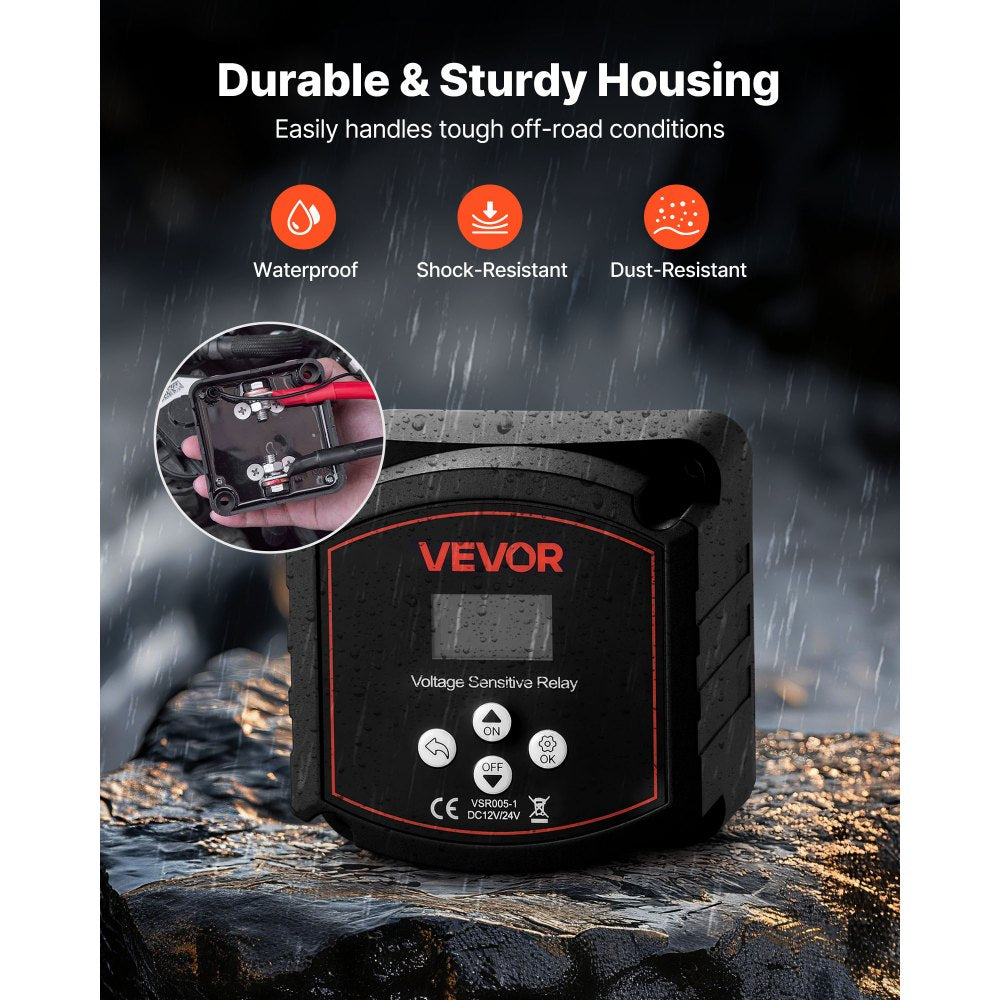 VEVOR Dual Battery Isolator Kit, 12V 300 Amp 20 ft 2AWG, Manual and Automatic VSR Voltage Sensitive Relay with Voltmeter, LCD Screen, Smart Battery Isolator, Compatible with Lithium Batteries, for UTV