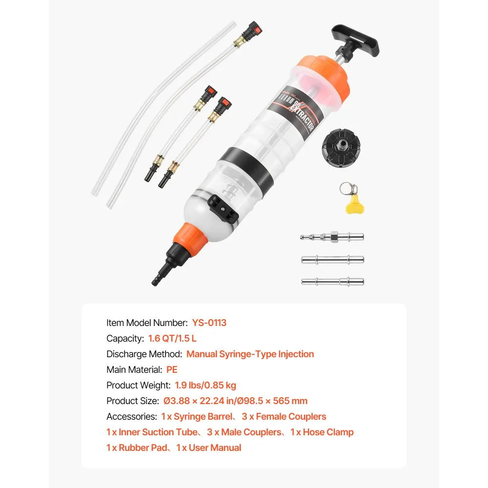 VEVOR 1500CC Fluid Extractor, Manual Automotive Fluid Pump Extractor, Oil Syringe with Long Hose and Extension Tubes Easy Oil Change, Suction Pump for Lawn Mowers Cars Ships Golf Carts Motorcycles