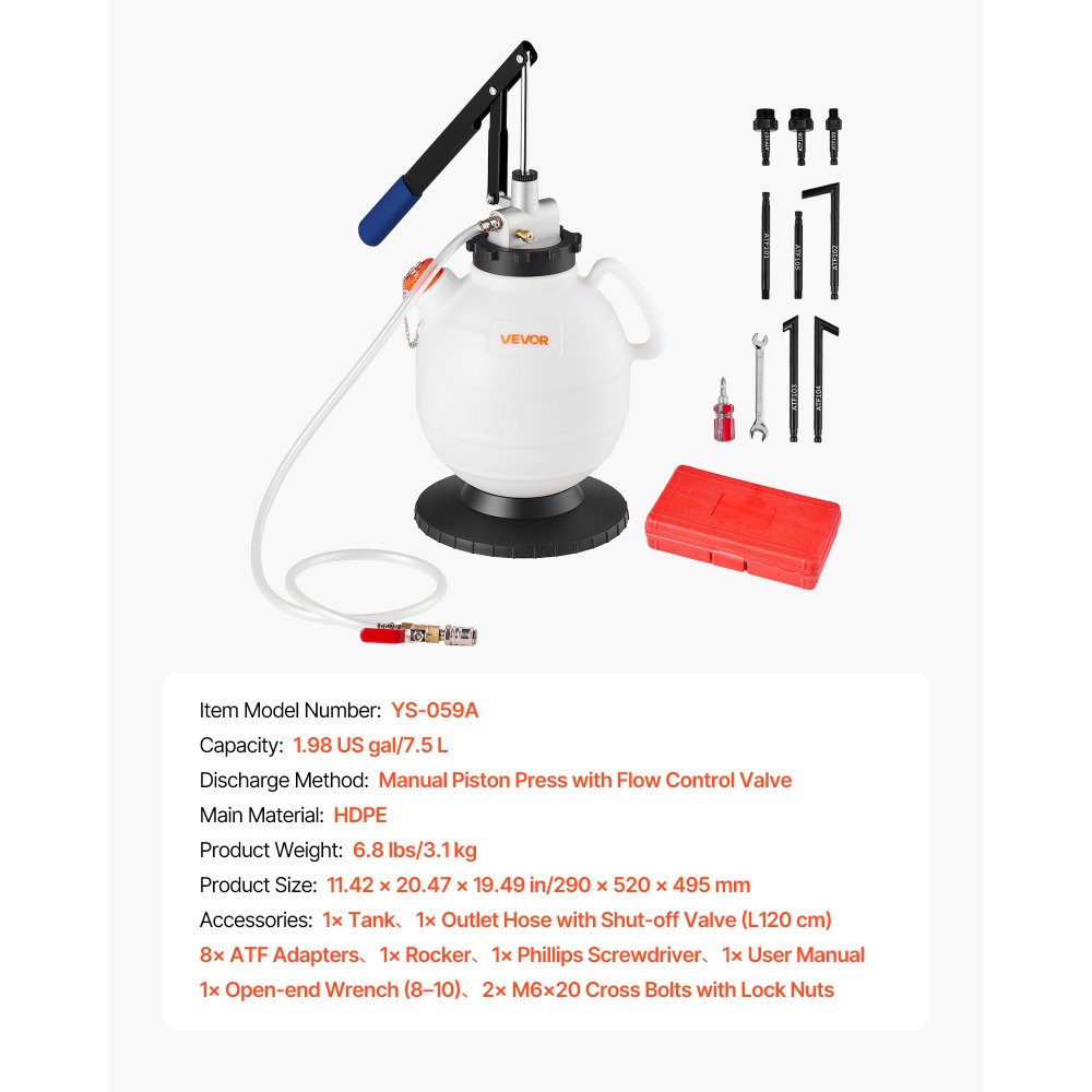 VEVOR Transmission Fluid Pump, 7.5 L Capacity, Manual Fluid Transfer Pump with 8 ATF Adapters & 47 in Outlet Horse, ATF Refill Kit, Oil Extractor Dispenser with HDPE Tank for Cars, Lawn Mowers