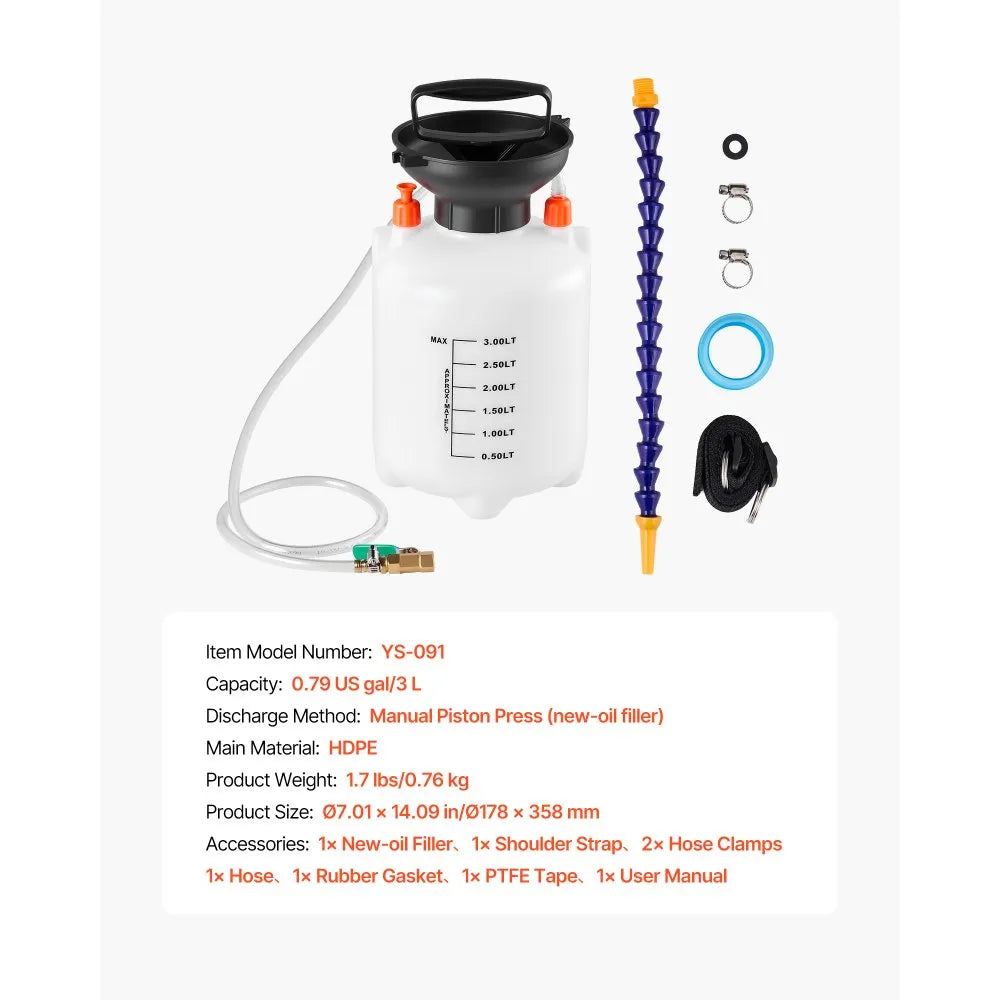 VEVOR Transmission Fluid Pump, 3 L Capacity, Manual Fluid Transfer Pump with 47 in Long Horse & HDPE Tank, Transmission Oil Pump with PTFE Tape, Manual Automotive Oil Filling System for Cars, Boats