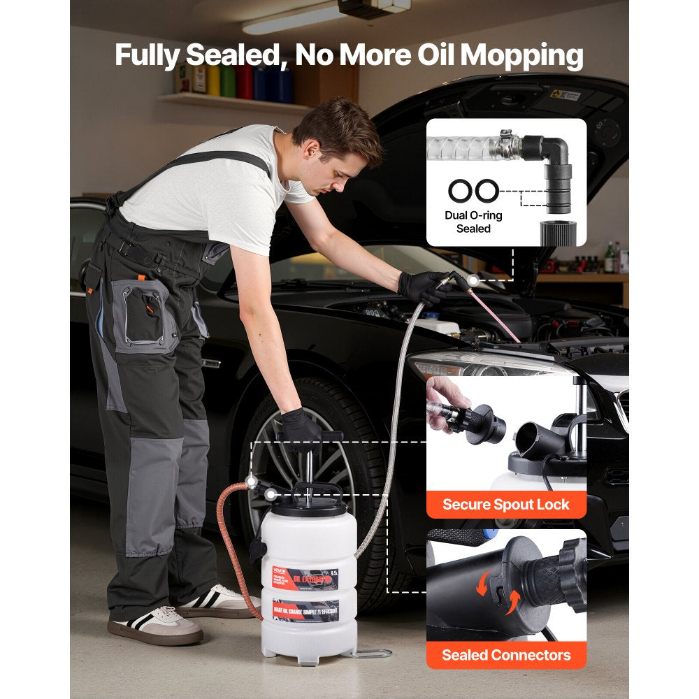 VEVOR Fluid Extractor, 9.5 L Capacity, Manual Vacuum Oil Extractor Pump with 59 in Long Horse & Three 47 in Extension Tubes, Oil Change Pump with HDPE Tank for Cars, Lawn Mowers, Boats, Motorcycles