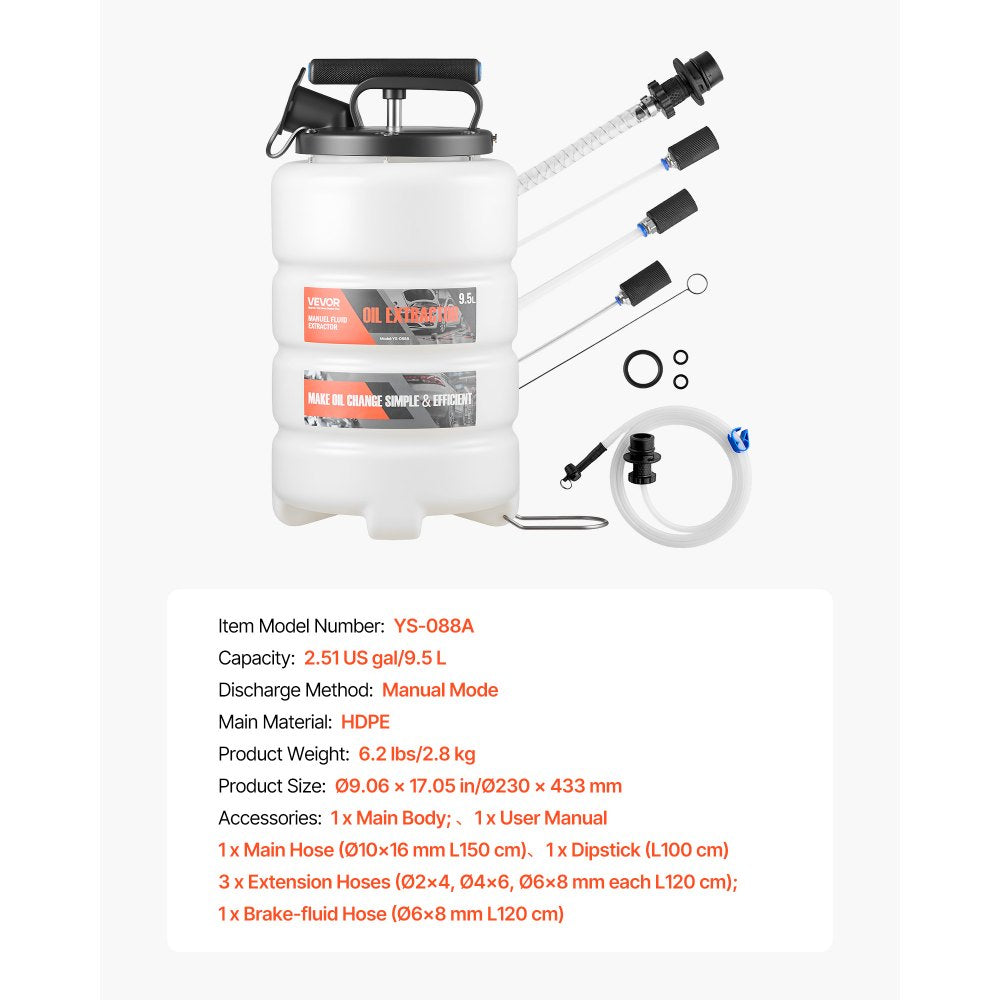 VEVOR Fluid Extractor, 9.5 L Capacity, Manual Vacuum Oil Extractor Pump with 59 in Long Horse & Three 47 in Extension Tubes, Oil Change Pump with HDPE Tank for Cars, Lawn Mowers, Boats, Motorcycles