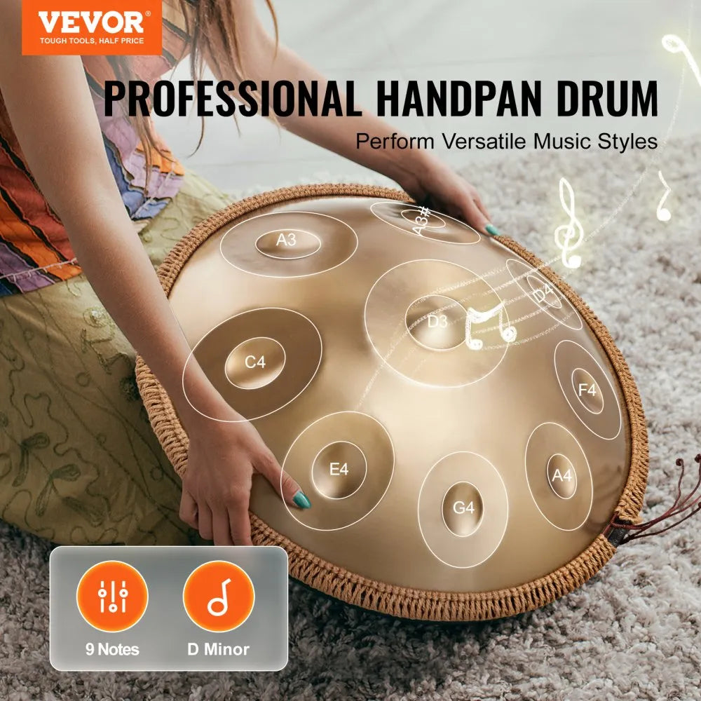 VEVOR Handpan Drum, 22 in & 9 Notes, D Minor Hand Drum, Hand Pan Drum Instrument with Mallets, 440Hz Handpan Stand & Carry Bag, Steel Healing Sound Drum, Percussion Instruments for Adults Beginners