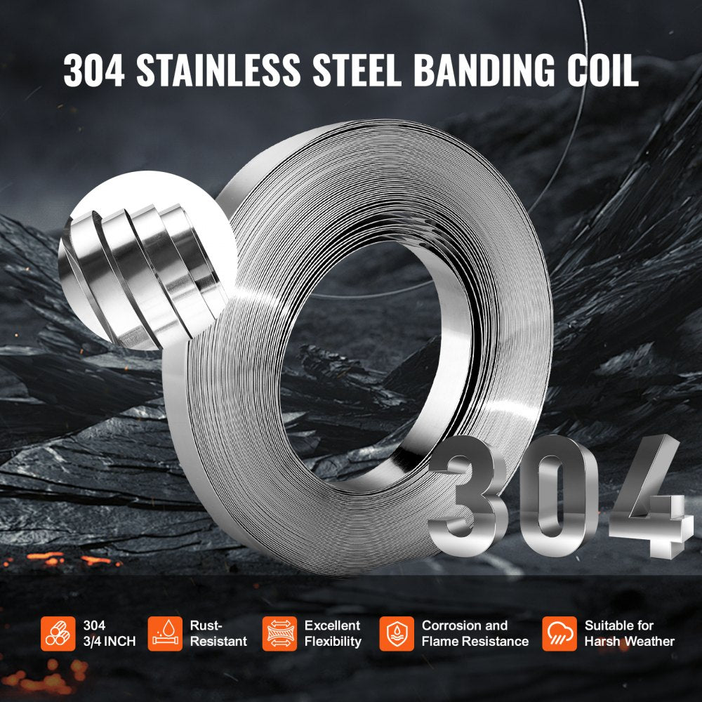 VEVOR Banding Strapping Kit with Strapping Tensioner Tool, 100 ft Length 304 Stainless Steel Banding, 100 Metal Seals, Pallet Packaging Strapping Banding Kit, Banding Packaging Strapping for Packing