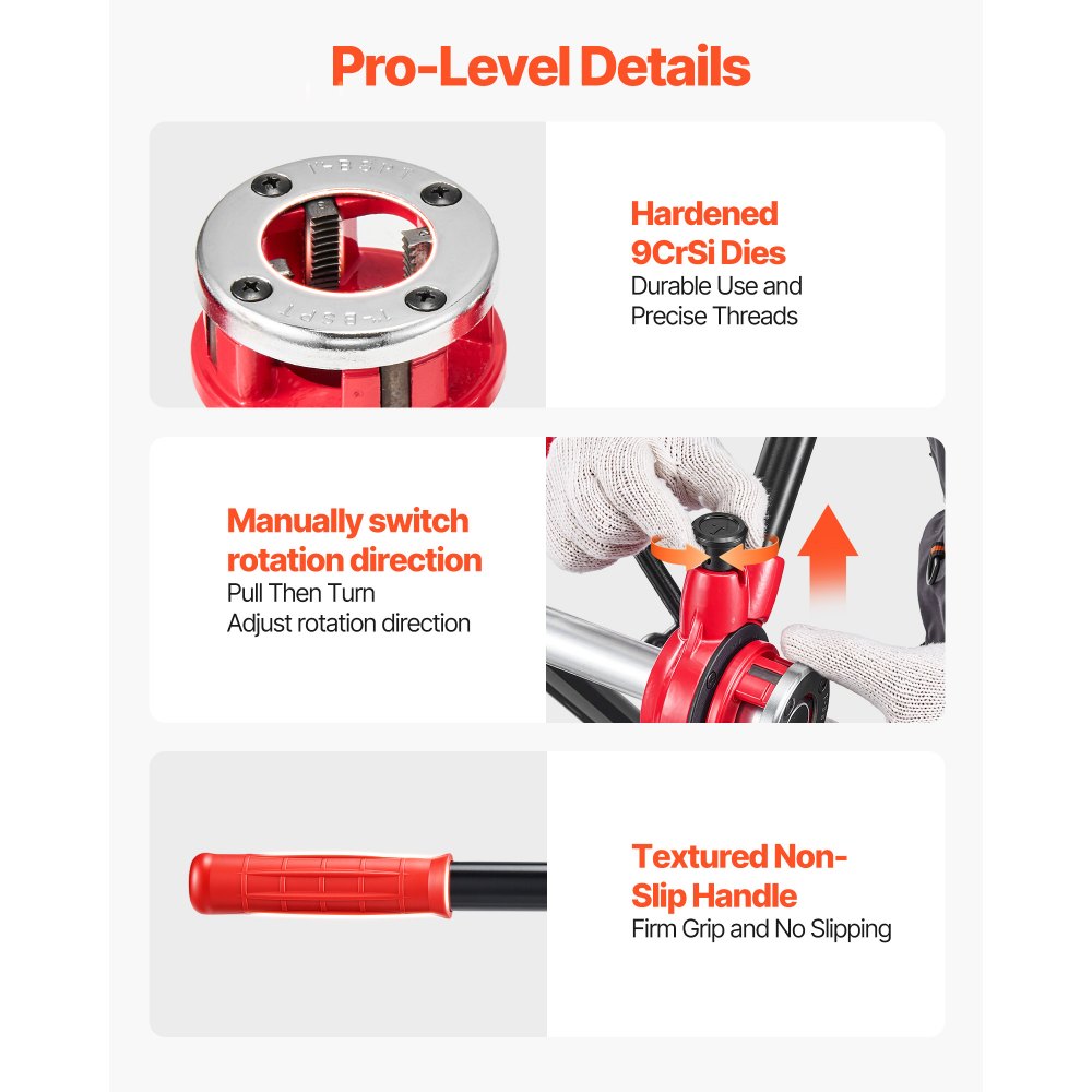 VEVOR Ratchet Pipe Threader Kit with 3 Dies, 1/2" BSPT, 3/4" BSPT, 1" BSPT Manual Ratcheting Pipe Threading Tool, Portable Pipes Threader Set with Toolbox for Plumbing Installation & Repair