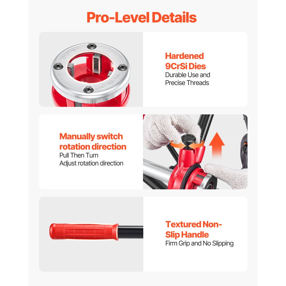 VEVOR Ratchet Pipe Threader Kit with 4 Dies, 1/2" NPT, 3/4" NPT, 1" NPT, 1-1/4" NPT Manual Ratcheting Pipe Threading Tool, Portable Pipes Threader Set with Toolbox for Plumbing Installation & Repair