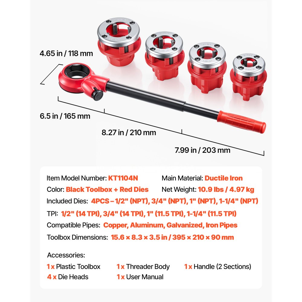 VEVOR Ratchet Pipe Threader Kit with 4 Dies, 1/2" NPT, 3/4" NPT, 1" NPT, 1-1/4" NPT Manual Ratcheting Pipe Threading Tool, Portable Pipes Threader Set with Toolbox for Plumbing Installation & Repair