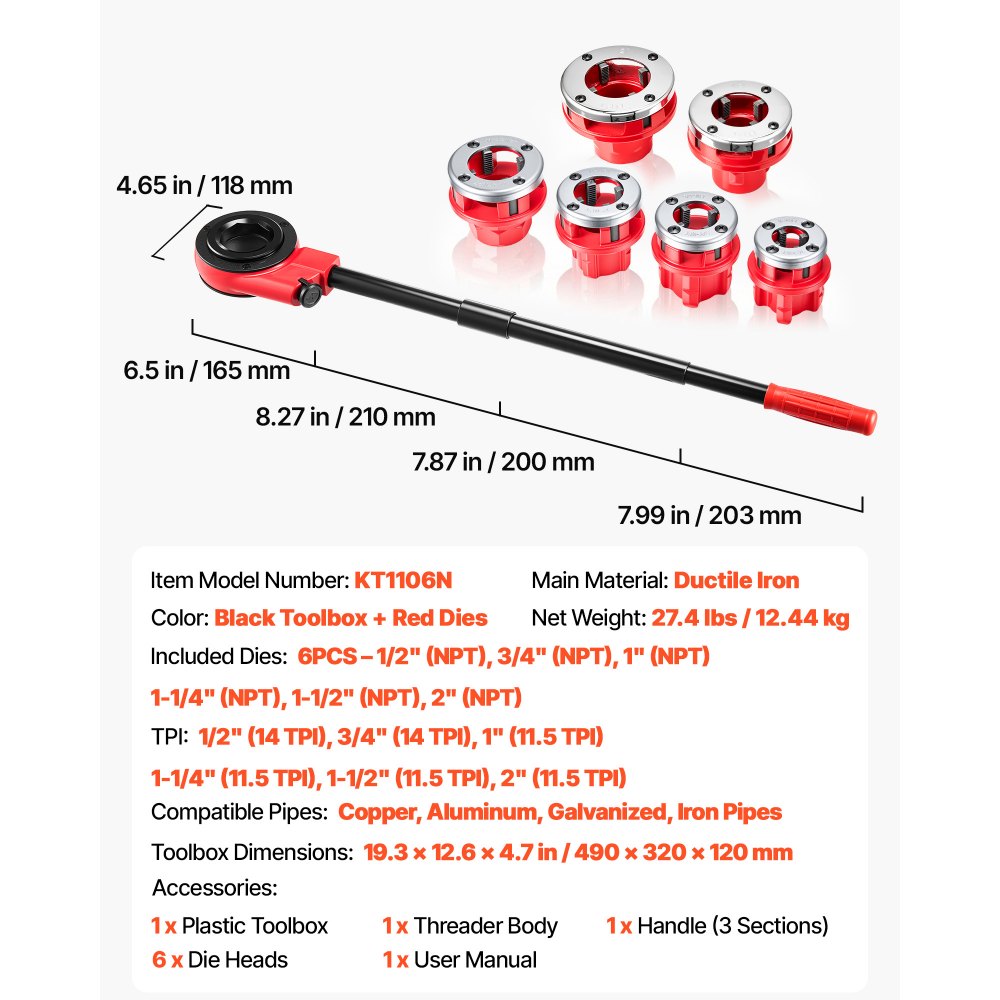 VEVOR Ratchet Pipe Threader Kit with 6 Dies, 1/2" NPT to 2" NPT Manual Ratcheting Pipe Threading Tool, Portable Pipes Threader Set with Toolbox for Plumbing Installation & Repair
