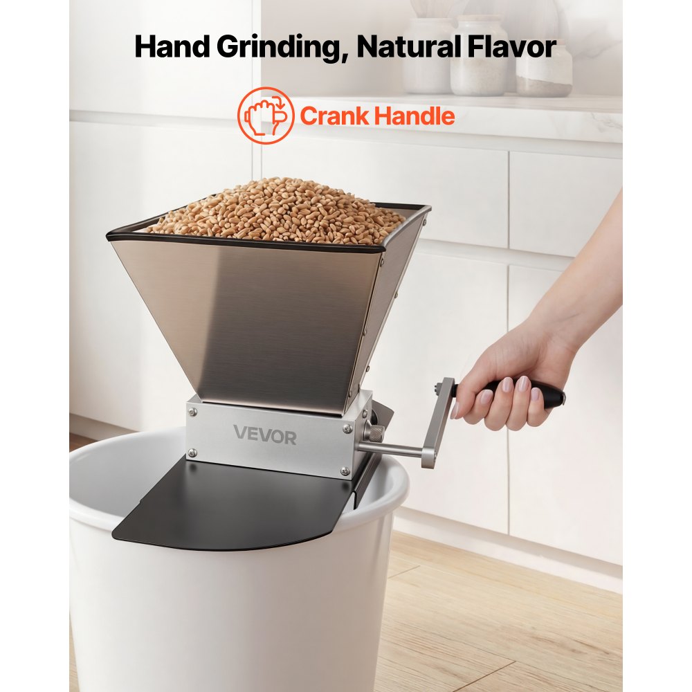 VEVOR Manual Grain Mill, Homebrew Malt Grinder, Adjustable Barley Mill Crusher for Wheat Beer Brewing - with 2 Stainless Steel Rollers, 1.06 Gallon Hopper & Metal Base Plate