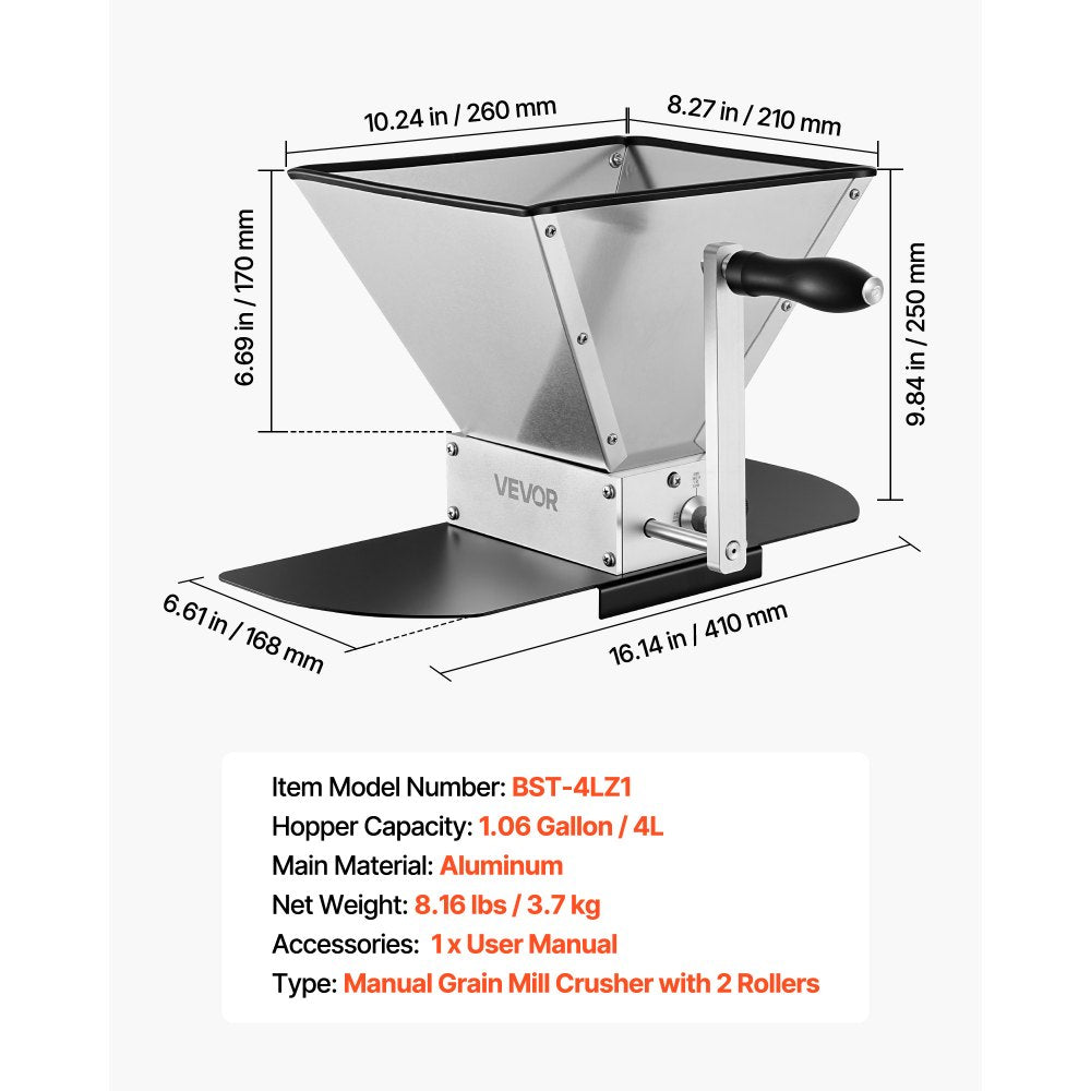 VEVOR Manual Grain Mill, Homebrew Malt Grinder, Adjustable Barley Mill Crusher for Wheat Beer Brewing - with 2 Stainless Steel Rollers, 1.06 Gallon Hopper & Metal Base Plate