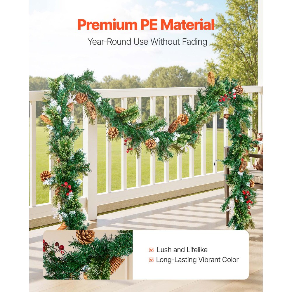 VEVOR Christmas Garland, 9-Ft Artificial Christmas Garland with Light String, Faux Greenery Decoration with Berry Clusters, Pine Needles, Pine Cones, Realistic Xmas Collection for Mantel & Fireplace