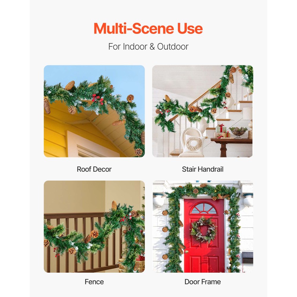 VEVOR Christmas Garland, 9-Ft Artificial Christmas Garland with Light String, Faux Greenery Decoration with Berry Clusters, Pine Needles, Pine Cones, Realistic Xmas Collection for Mantel & Fireplace