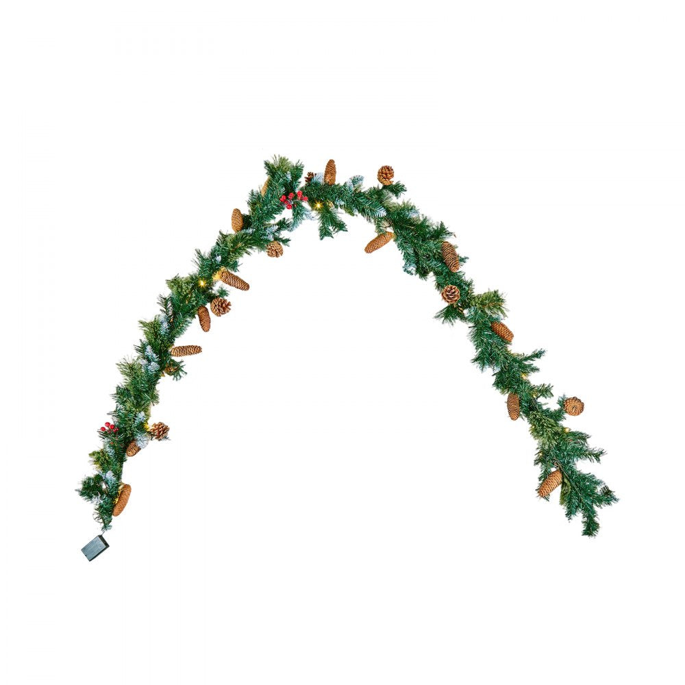 VEVOR Christmas Garland, 9-Ft Artificial Christmas Garland with Light String, Faux Greenery Decoration with Berry Clusters, Pine Needles, Pine Cones, Realistic Xmas Collection for Mantel & Fireplace