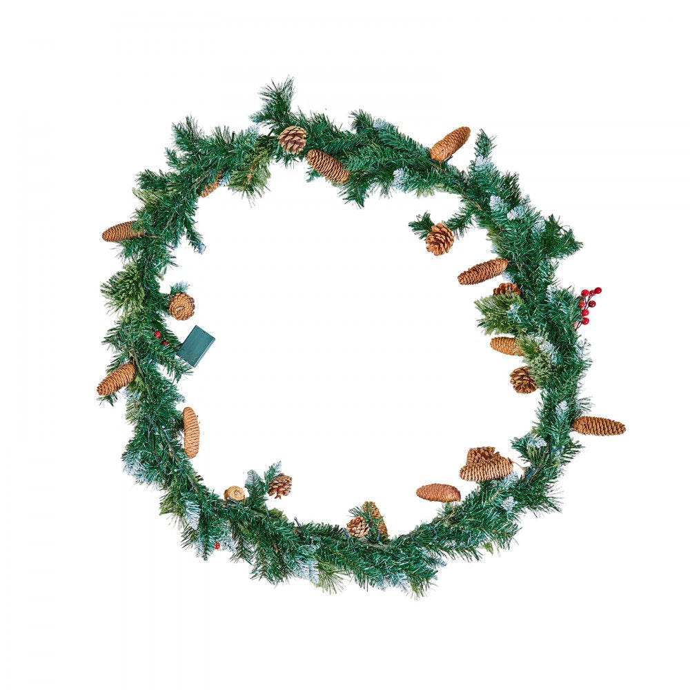 VEVOR Christmas Garland, 9-Ft Artificial Christmas Garland with Light String, Faux Greenery Decoration with Berry Clusters, Pine Needles, Pine Cones, Realistic Xmas Collection for Mantel & Fireplace
