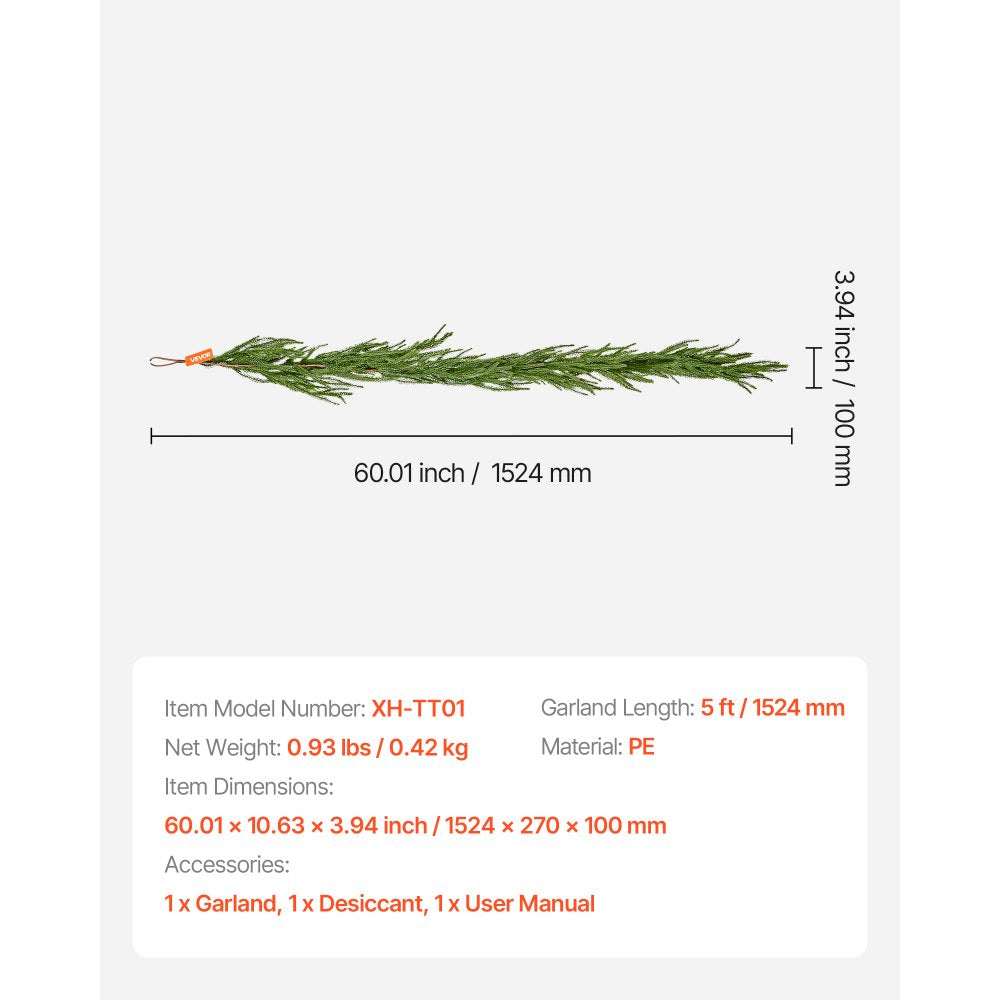 VEVOR Christmas Garland, 5-FT Realistic Norfolk Pine Garland, Evergreen Real Touch Artificial Faux Greenery Garlands, for Holiday Indoor Outdoor Xmas Decoration on Table, Mantel, and Fireplace