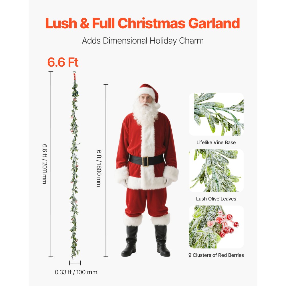 VEVOR Christmas Garland, 6.6-FT Realistic Greenery Decorated with Vines, Olive Leaves, and Berries, Evergreen Faux Garlands with Light String for Indoor Outdoor Xmas Decoration on Mantel Fireplace