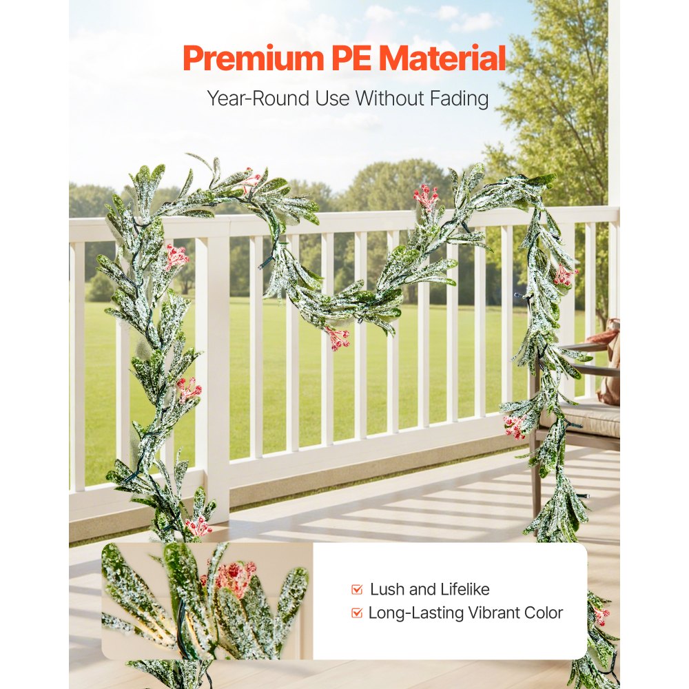 VEVOR Christmas Garland, 6.6-FT Realistic Greenery Decorated with Vines, Olive Leaves, and Berries, Evergreen Faux Garlands with Light String for Indoor Outdoor Xmas Decoration on Mantel Fireplace