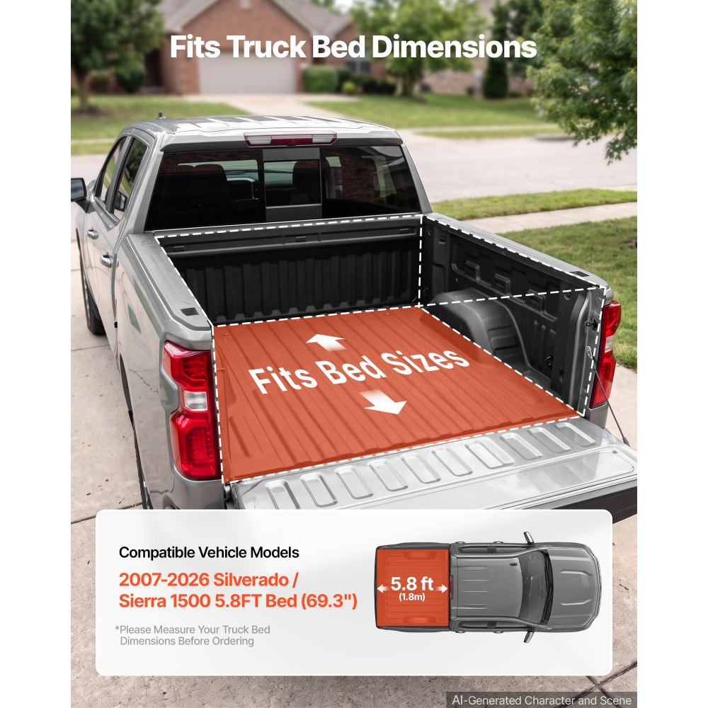 VEVOR Retractable Tonneau Cover 5.8FT Hard Truck Bed Cover Manual Retract, Compatible with 2007-2026 Silverado/Sierra 1500 5.8FT Bed (69.3"), Waterproof Aluminum Frame, T-Slot & Lock Key for Trips
