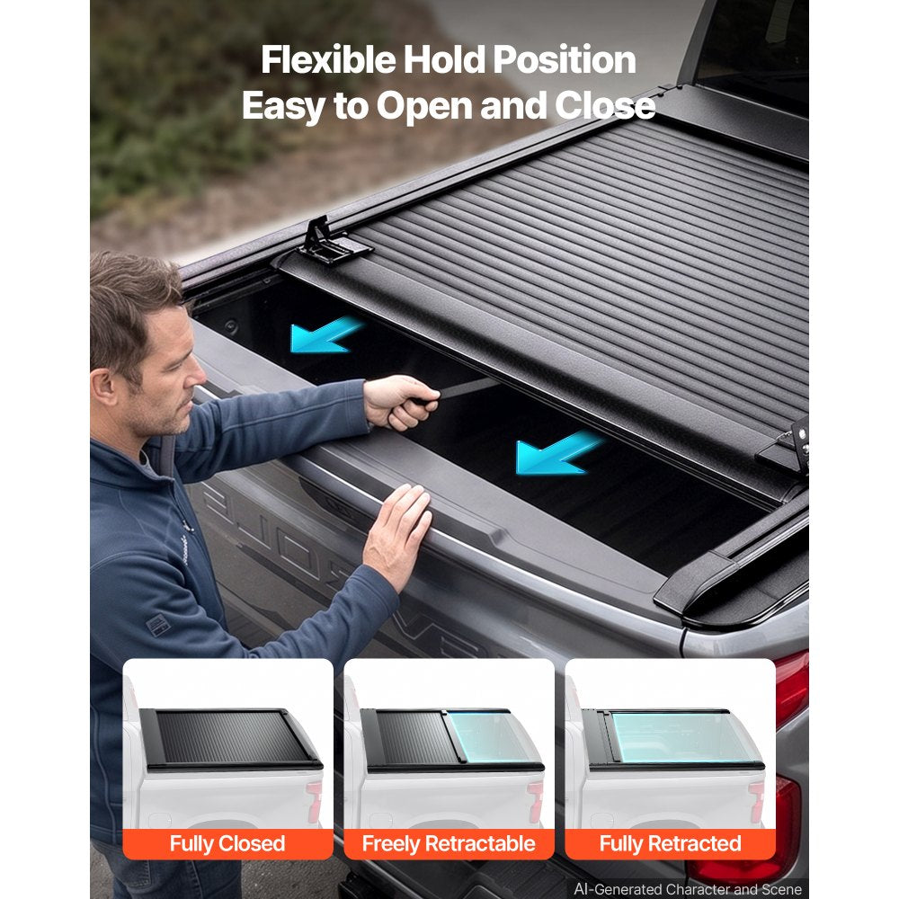 VEVOR Retractable Tonneau Cover 5.8FT Hard Truck Bed Cover Manual Retract, Compatible with 2007-2026 Silverado/Sierra 1500 5.8FT Bed (69.3"), Waterproof Aluminum Frame, T-Slot & Lock Key for Trips
