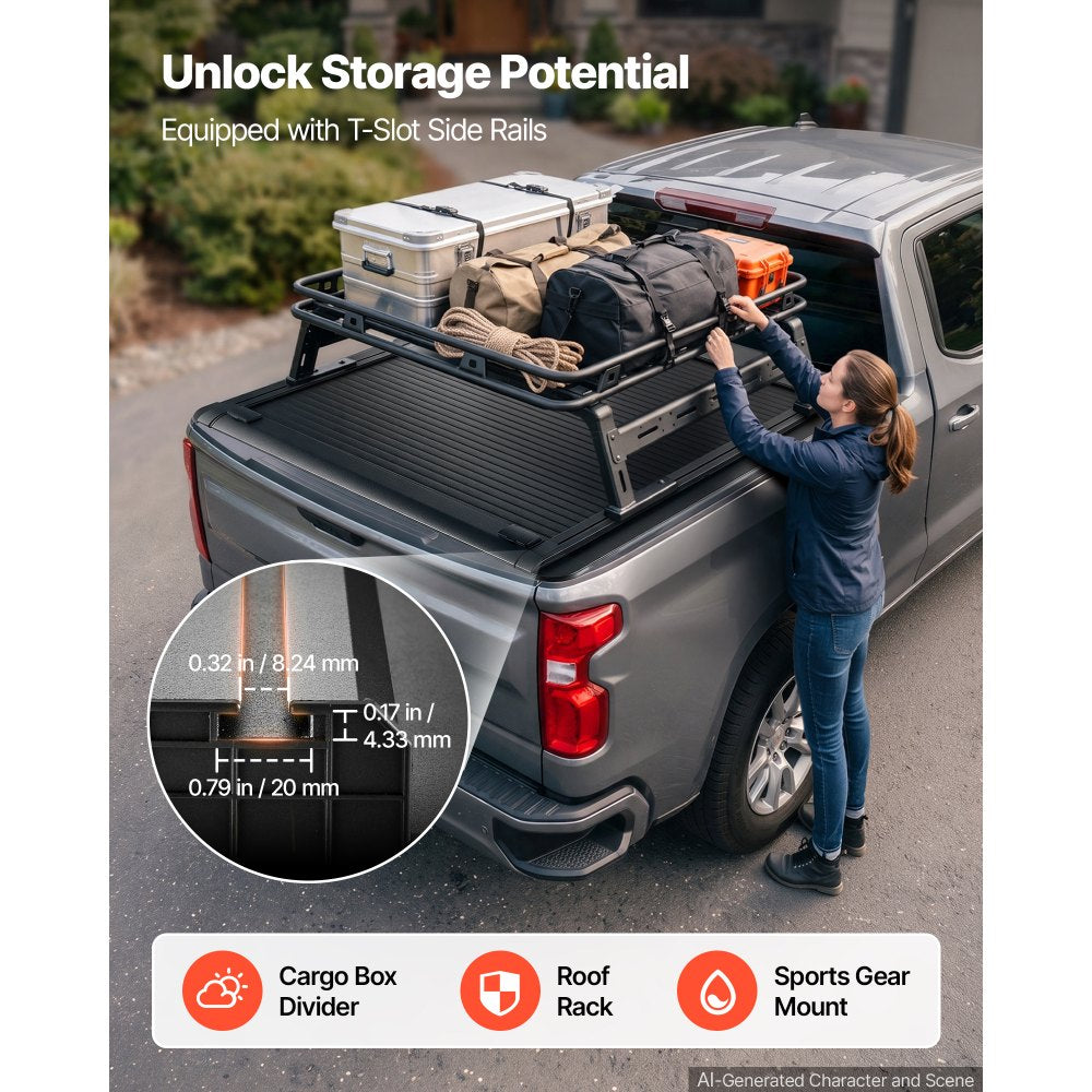 VEVOR Retractable Tonneau Cover 5.8FT Hard Truck Bed Cover Manual Retract, Compatible with 2007-2026 Silverado/Sierra 1500 5.8FT Bed (69.3"), Waterproof Aluminum Frame, T-Slot & Lock Key for Trips