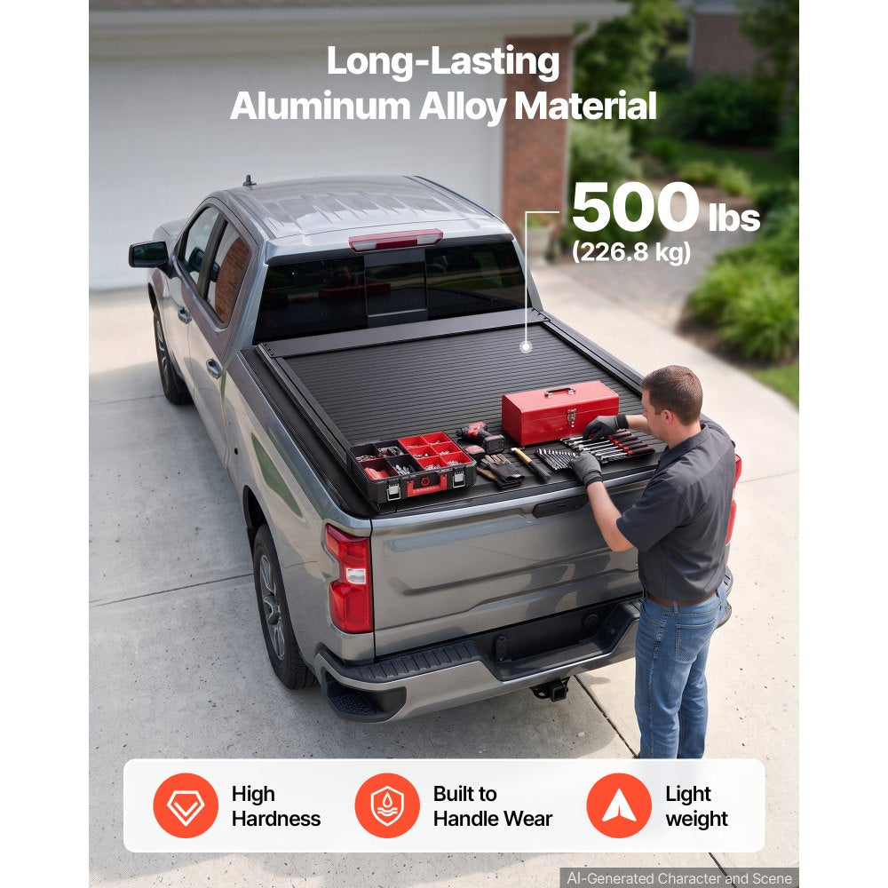 VEVOR Retractable Tonneau Cover 5.8FT Hard Truck Bed Cover Manual Retract, Compatible with 2007-2026 Silverado/Sierra 1500 5.8FT Bed (69.3"), Waterproof Aluminum Frame, T-Slot & Lock Key for Trips