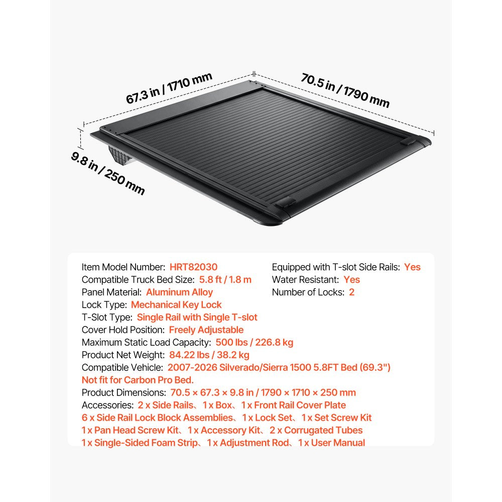 VEVOR Retractable Tonneau Cover 5.8FT Hard Truck Bed Cover Manual Retract, Compatible with 2007-2026 Silverado/Sierra 1500 5.8FT Bed (69.3"), Waterproof Aluminum Frame, T-Slot & Lock Key for Trips