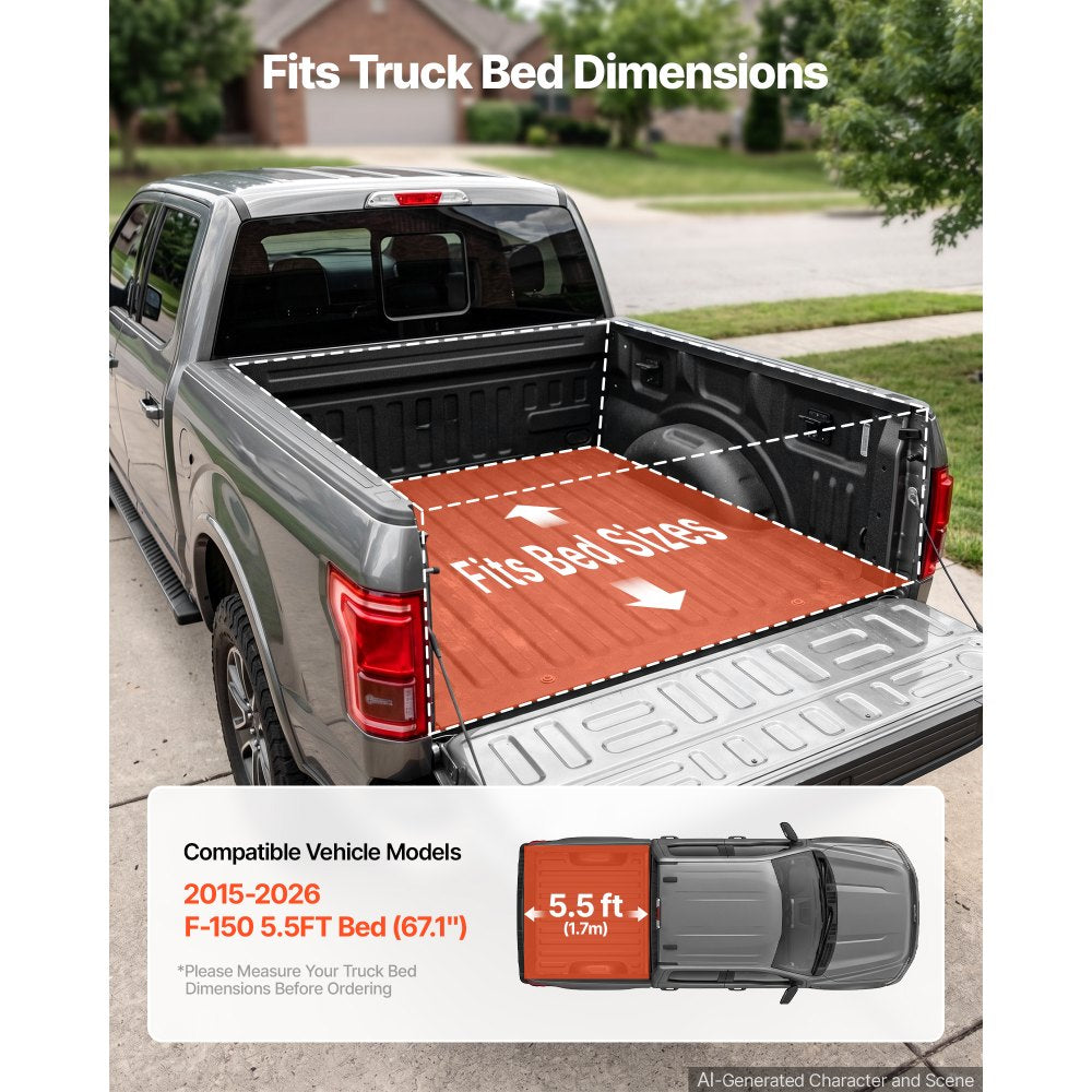 VEVOR Retractable Tonneau Cover 5.5FT Hard Truck Bed Cover Manual Retract, Compatible with 2015-2026 F-150 5.5FT Bed (67.1"), Waterproof Aluminum Frame, T-Slot & Double Lock Key for Outdoor Trips