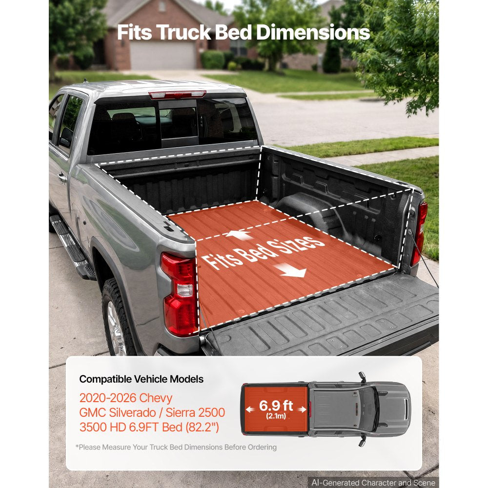 VEVOR Retractable Tonneau Cover 6.9FT Hard Truck Bed Cover Manual Retract, Compatible with 2020-2026 Chevy/GMC Silverado/Sierra 2500/3500HD 6.9FT Bed (82.2"), Waterproof Aluminum, Lock Key for Trips