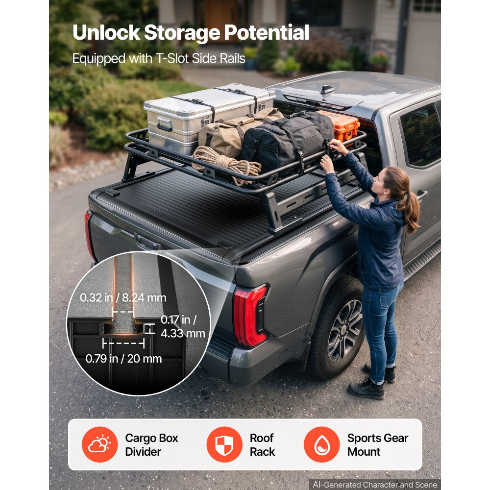 VEVOR Retractable Tonneau Cover 5.5FT Hard Truck Bed Cover Manual Retract, Compatible with 2022-2026 Toyota Tundra Crew Cab with Deck Rail System 5.5FT Bed (66.7"), Waterproof Aluminum, Lock for Trips