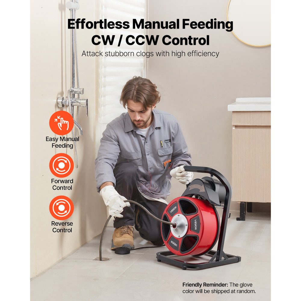 VEVOR Drain Cleaner Machine 50 FT x 1/2 Inch, Manual Feed Sewer Snake Auger with 4 Cutters & Air-Activated Foot Switch for 2" to 6" Pipes