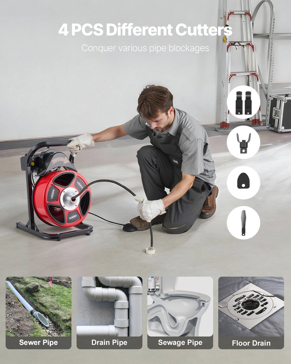VEVOR Drain Cleaner Machine 50 FT x 1/2 Inch, Manual Feed Sewer Snake Auger with 4 Cutters & Air-Activated Foot Switch for 2" to 6" Pipes