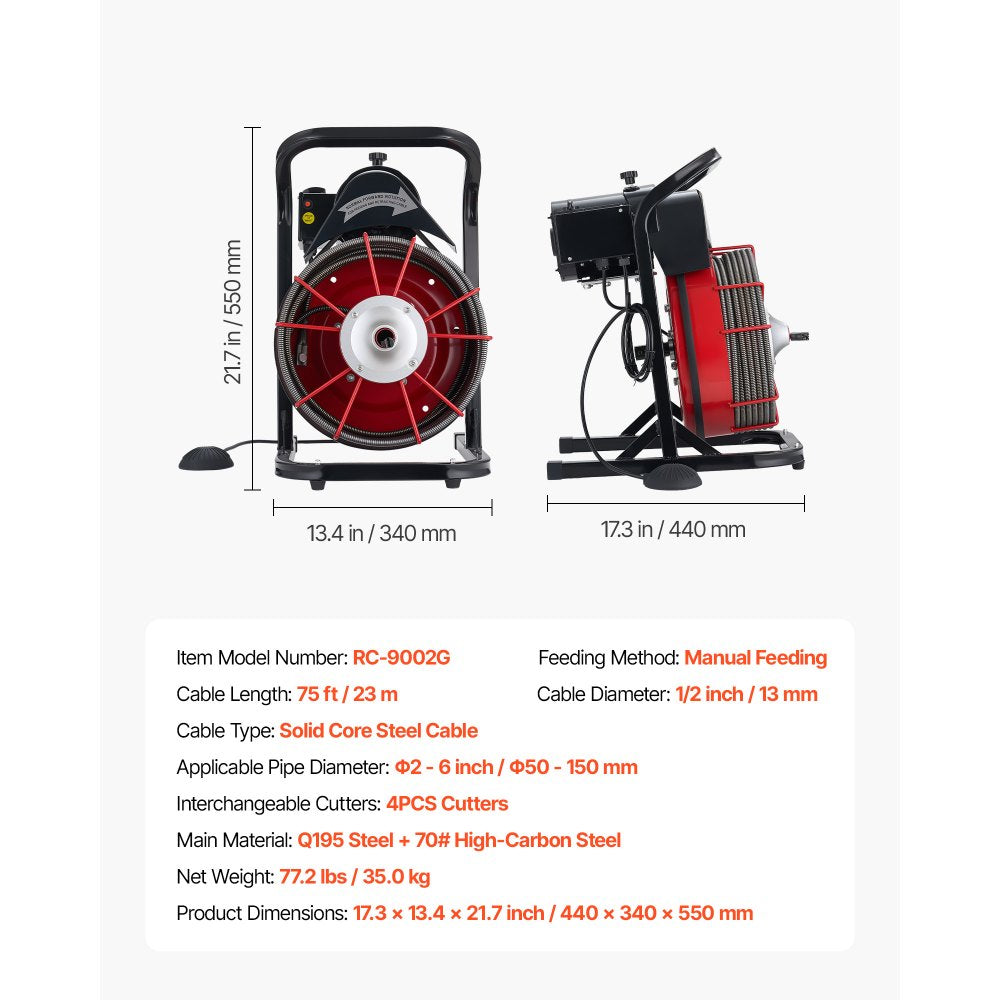 VEVOR Drain Cleaner Machine 75 FT x 1/2 Inch, Sewer Snake Auger Manual Feed with 4 Cutters & Air-activated Foot Switch for 2" to 6" Pipes