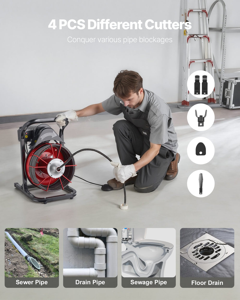 VEVOR Drain Cleaner Machine 75 FT x 1/2 Inch, Sewer Snake Auger Manual Feed with 4 Cutters & Air-activated Foot Switch for 2" to 6" Pipes