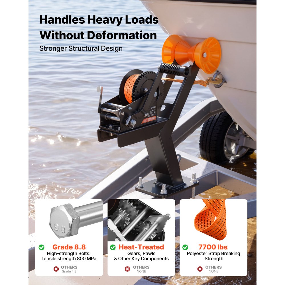 VEVOR Boat Trailer Winch Stand with Roller, 3500 lbs, 20ft Orange Polyester Strap, Boat Winch Mount, for 2-3 Inches W x 3-4 Inches H Trailer Tongue, Fit for Jet Ski, Sailboat, Speedboat
